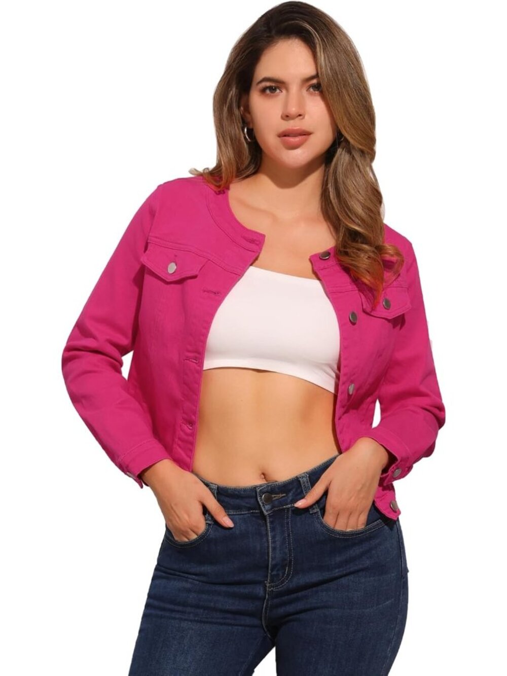 Women's Hot Pink Denim Jacket Collarless Round Neck Jean Long Sleeve Jackets